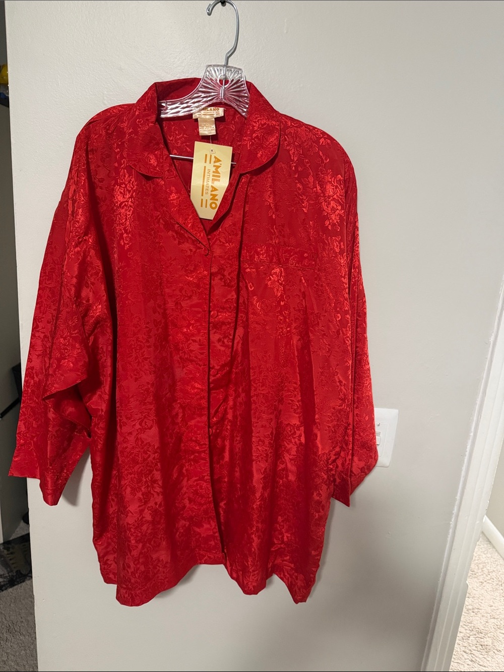 Milano Red Floral Jacquard Satin Button-Down Top